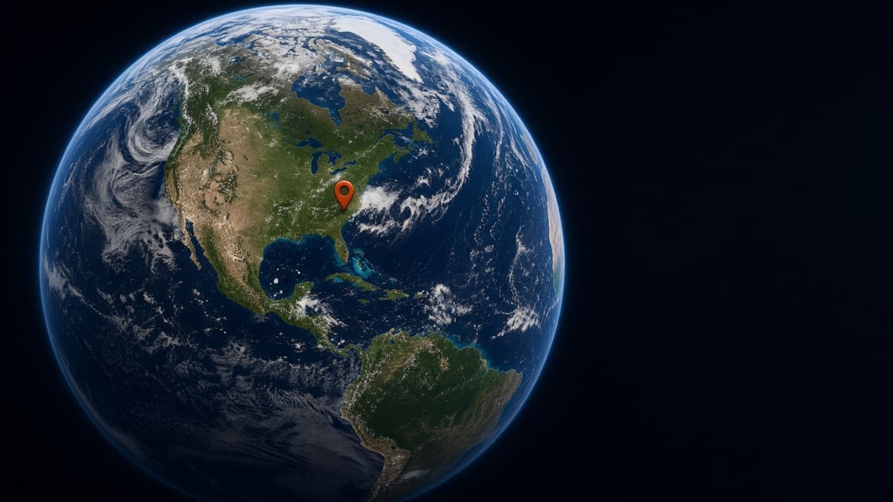 Photoreal Earth globe with a pin over the Atlantic, used as the MapTap play visual